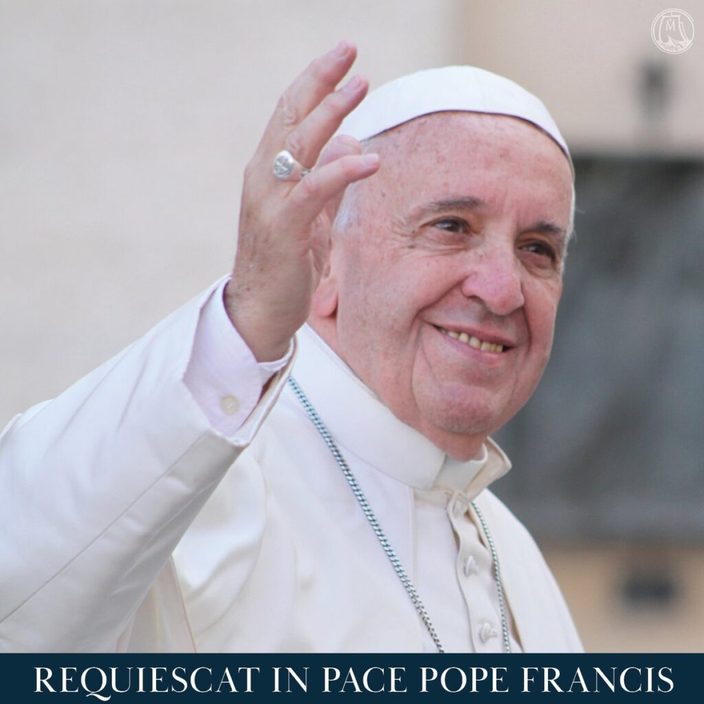 Pope Francis waving with an RIP message