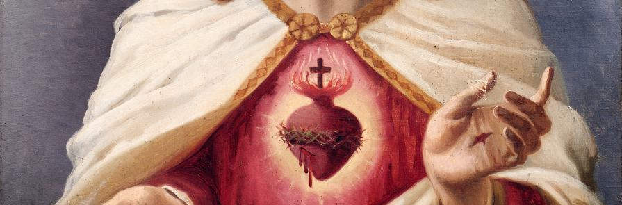 Jesus Christ with Sacred Heart: halo, red robe and white cloak, heart visible on chest with a crown of thorns and cross above it with glow behind head.